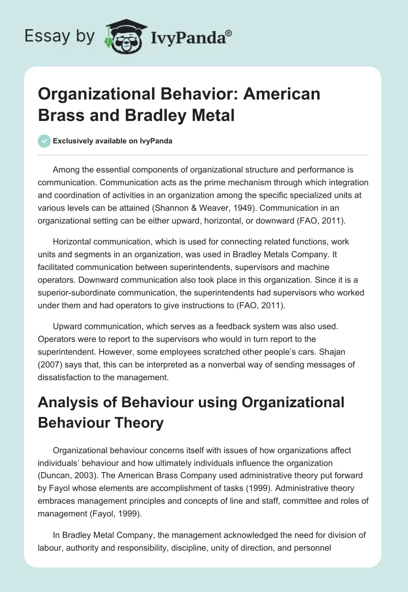 Organizational Behavior: American Brass and Bradley Metal. Page 1