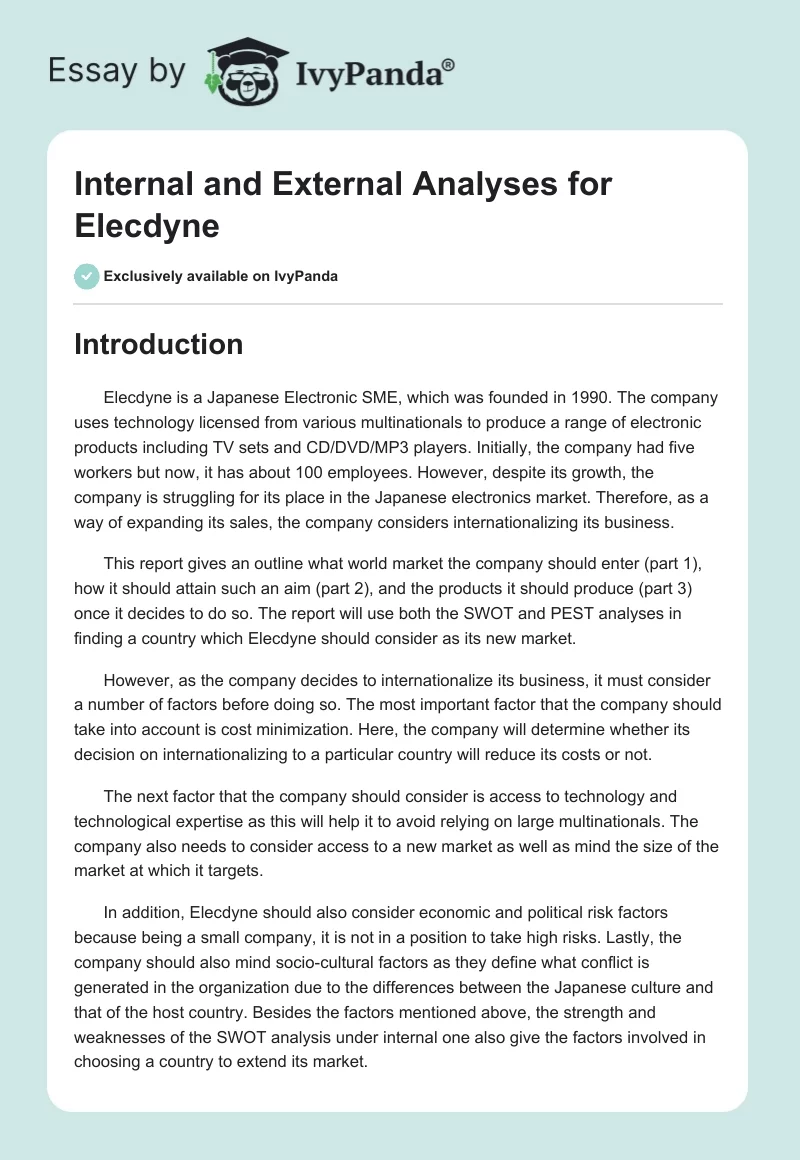 Internal and External Analyses for Elecdyne. Page 1