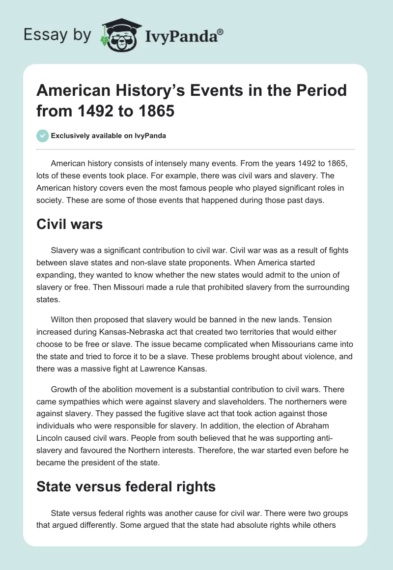 American History’s Events in the Period from 1492 to 1865. Page 1