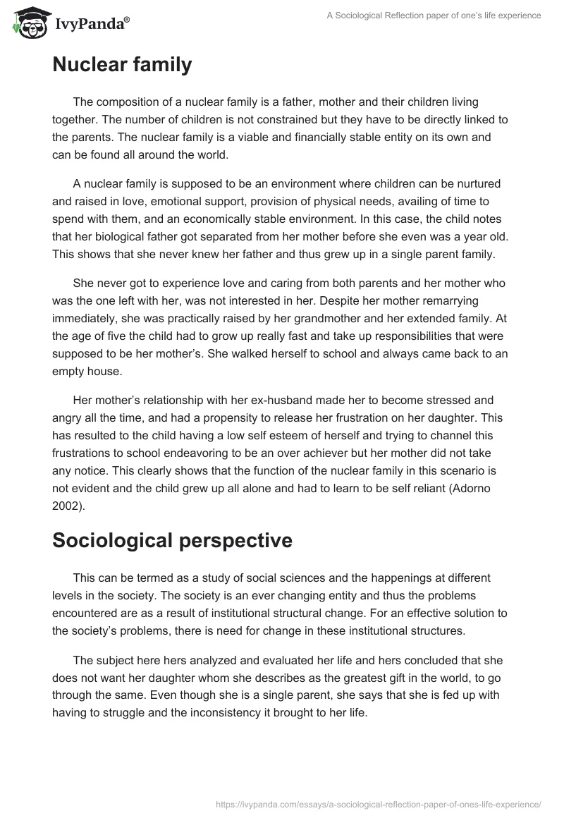 A Sociological Reflection paper of one’s life experience. Page 4