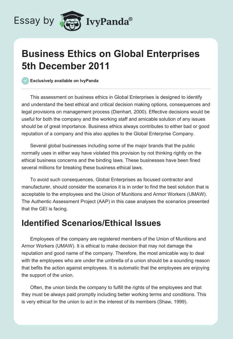 Business Ethics on Global Enterprises 5th December 2011. Page 1