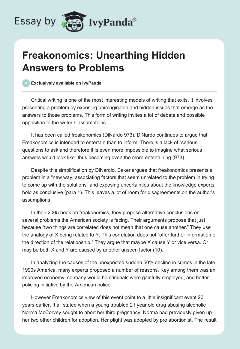 Freakonomics: Unearthing Hidden Answers to Problems. Page 1