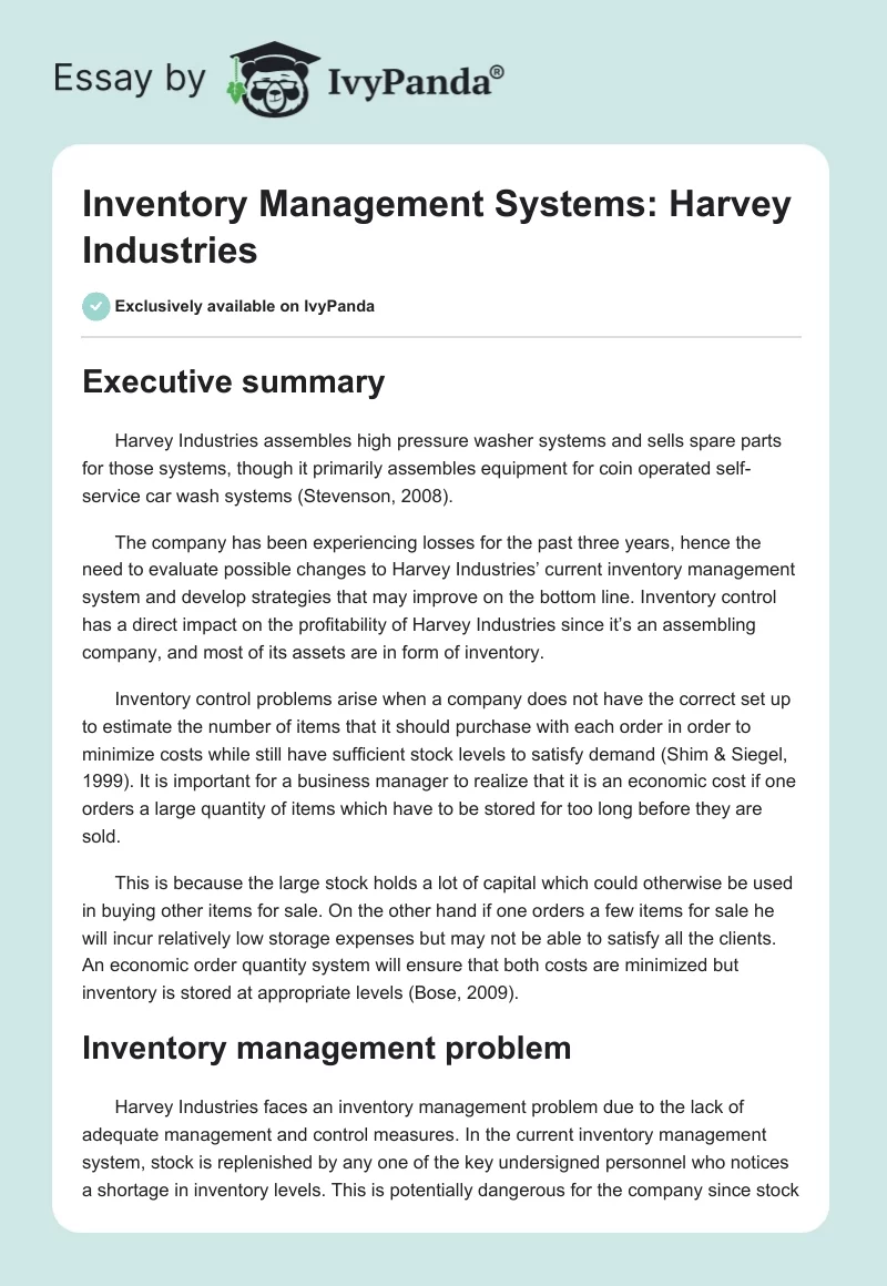Inventory Management Systems: Harvey Industries. Page 1