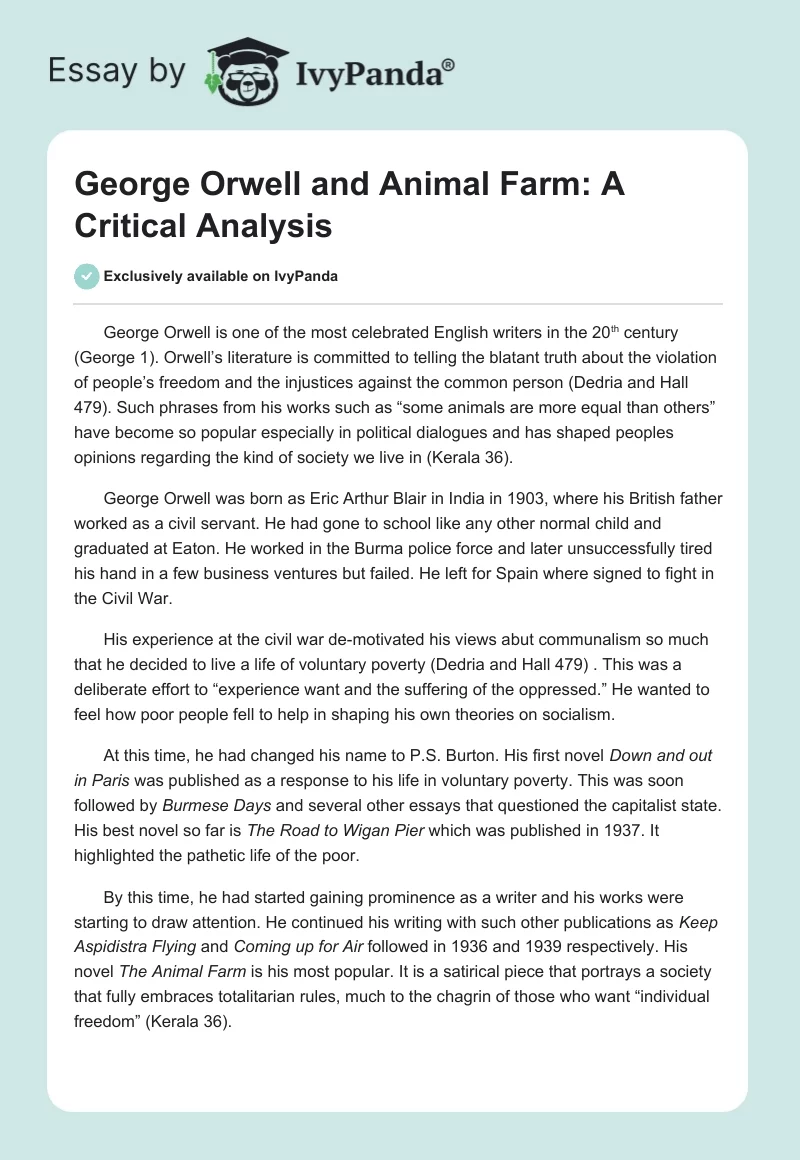 George Orwell and Animal Farm: A Critical Analysis. Page 1