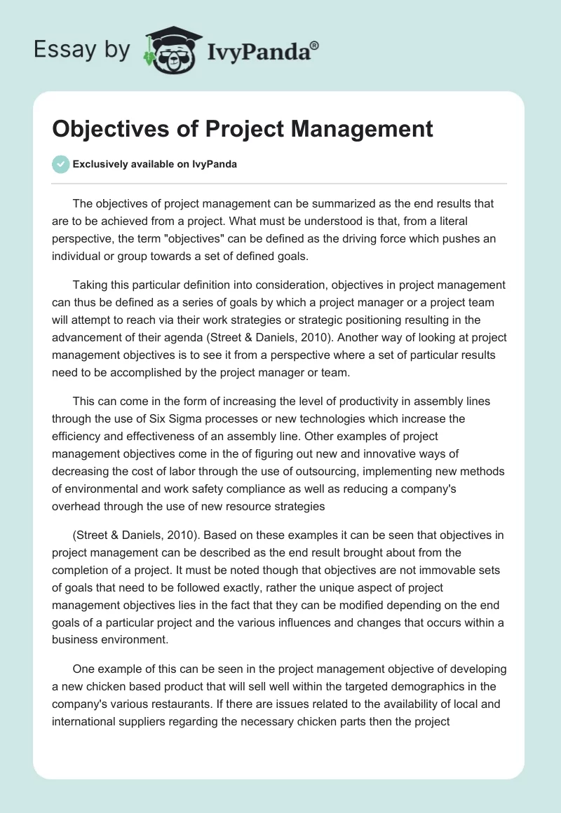 Objectives of Project Management. Page 1