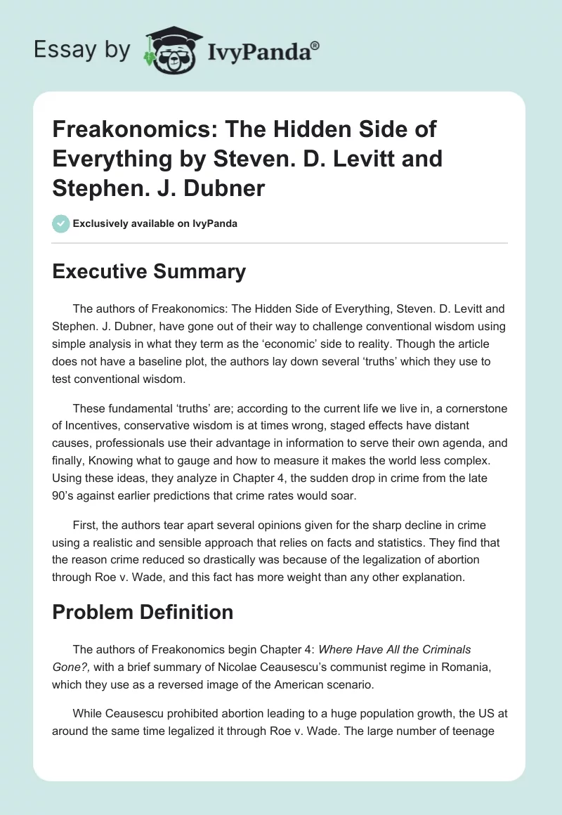 Freakonomics: The Hidden Side of Everything by Steven. D. Levitt and Stephen. J. Dubner. Page 1