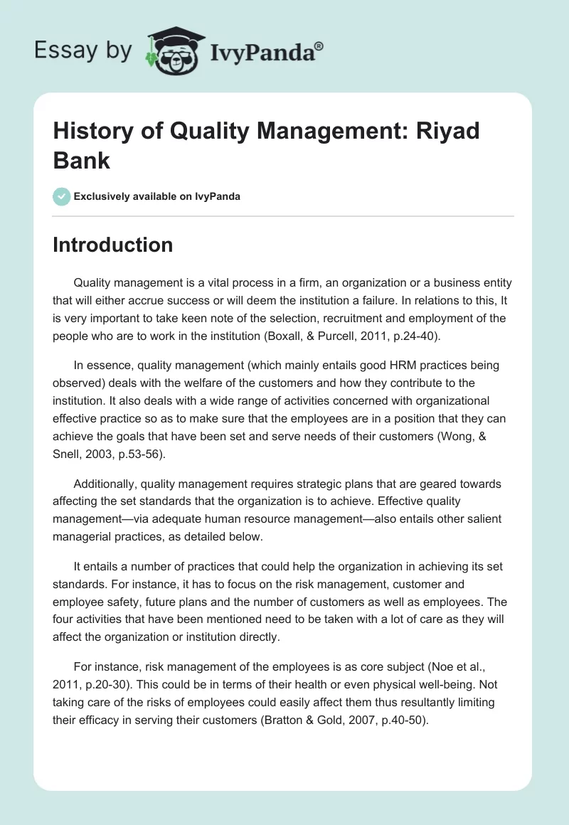 History of Quality Management: Riyad Bank. Page 1