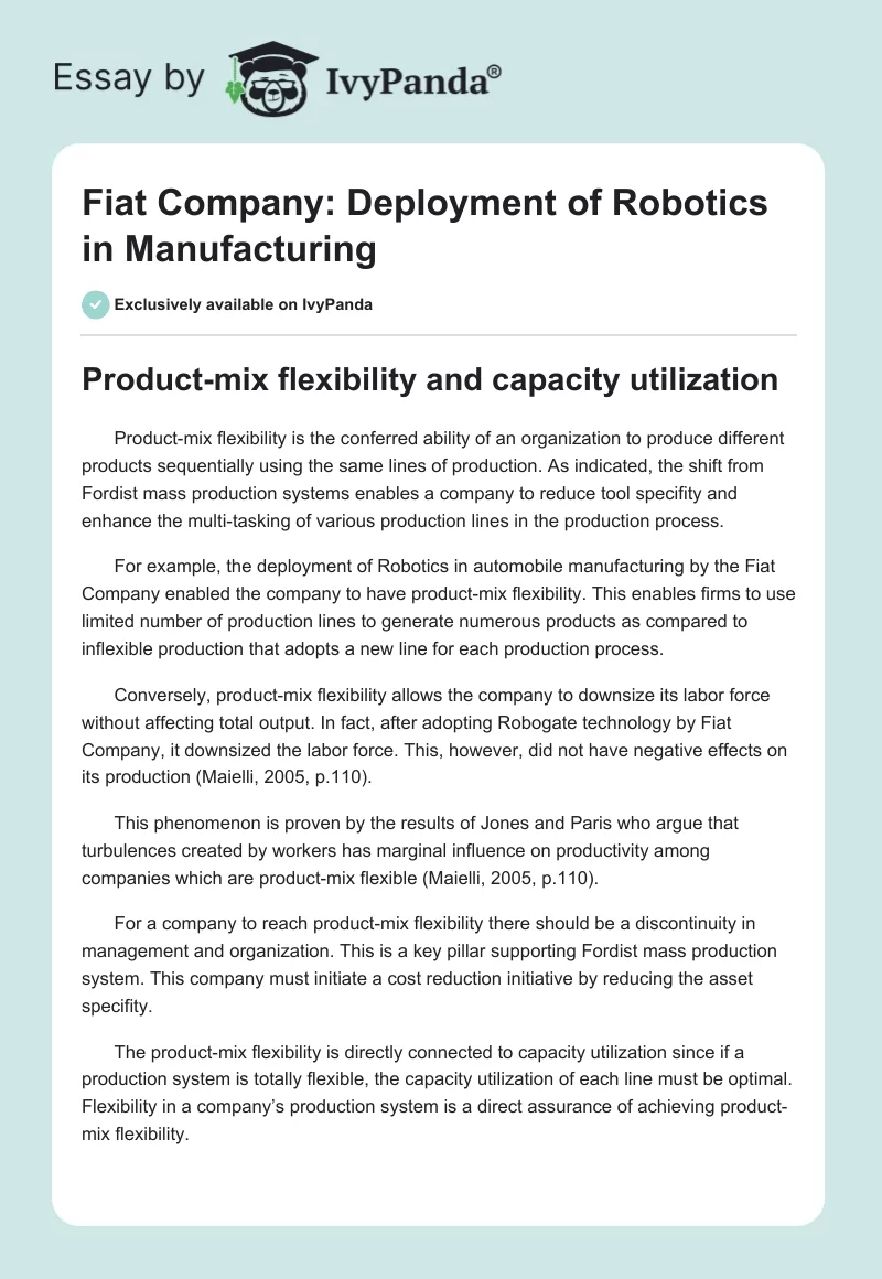 Fiat Company: Deployment of Robotics in Manufacturing. Page 1