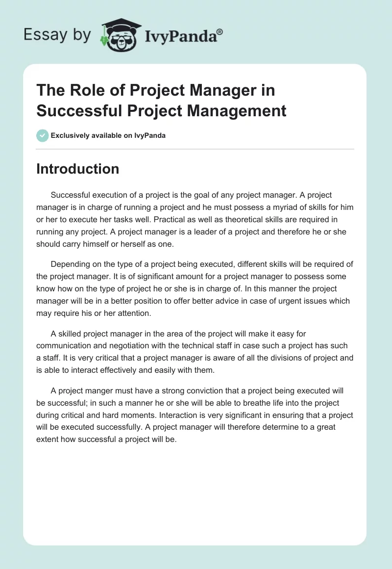 The Role of Project Manager in Successful Project Management. Page 1