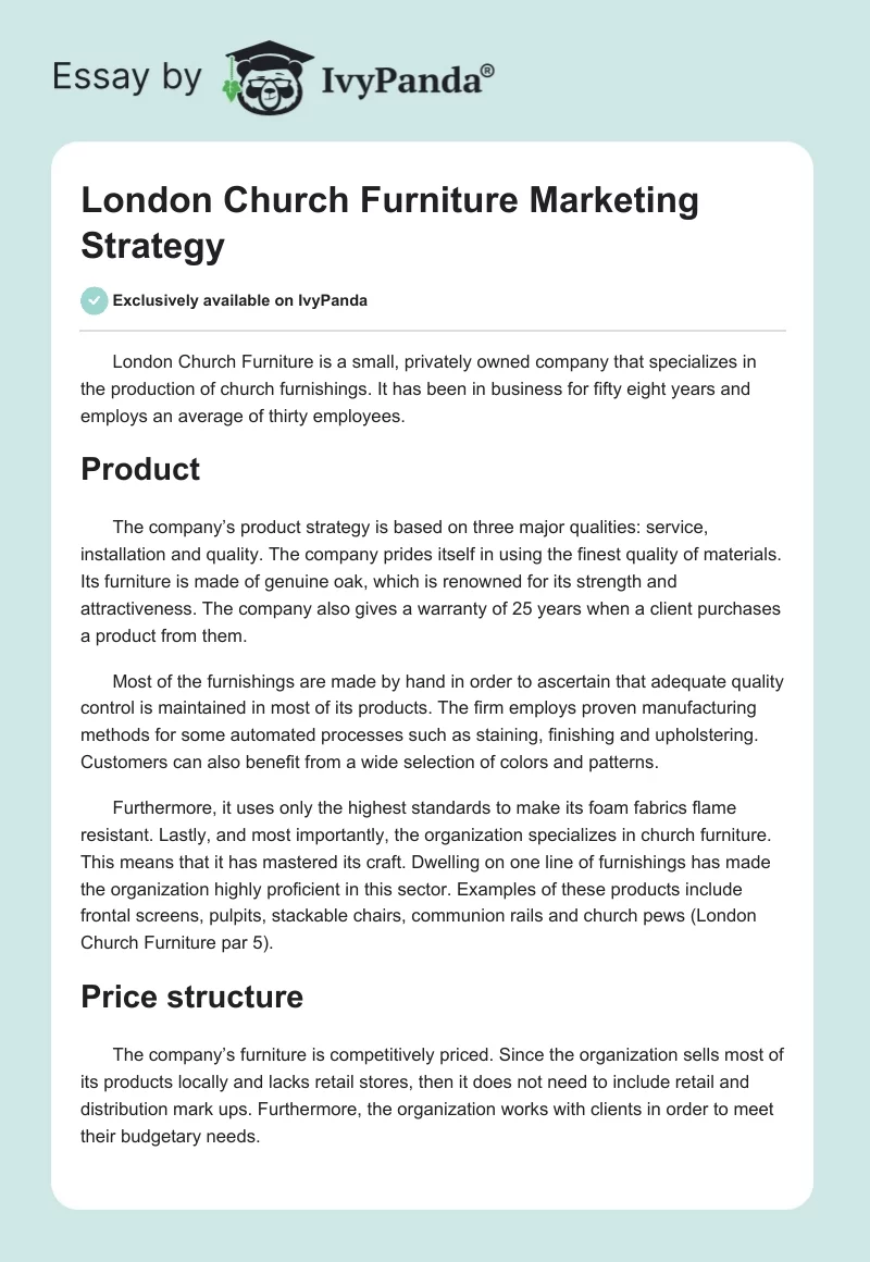London Church Furniture Marketing Strategy. Page 1