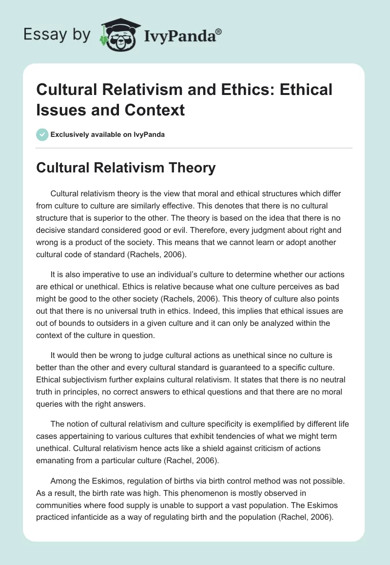 Cultural Relativism and Ethics: Ethical Issues and Context. Page 1