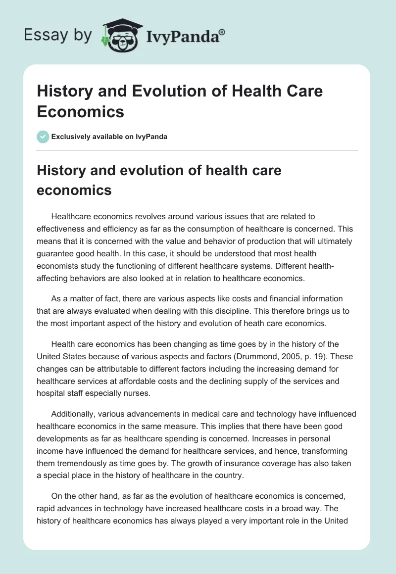 History and Evolution of Health Care Economics. Page 1