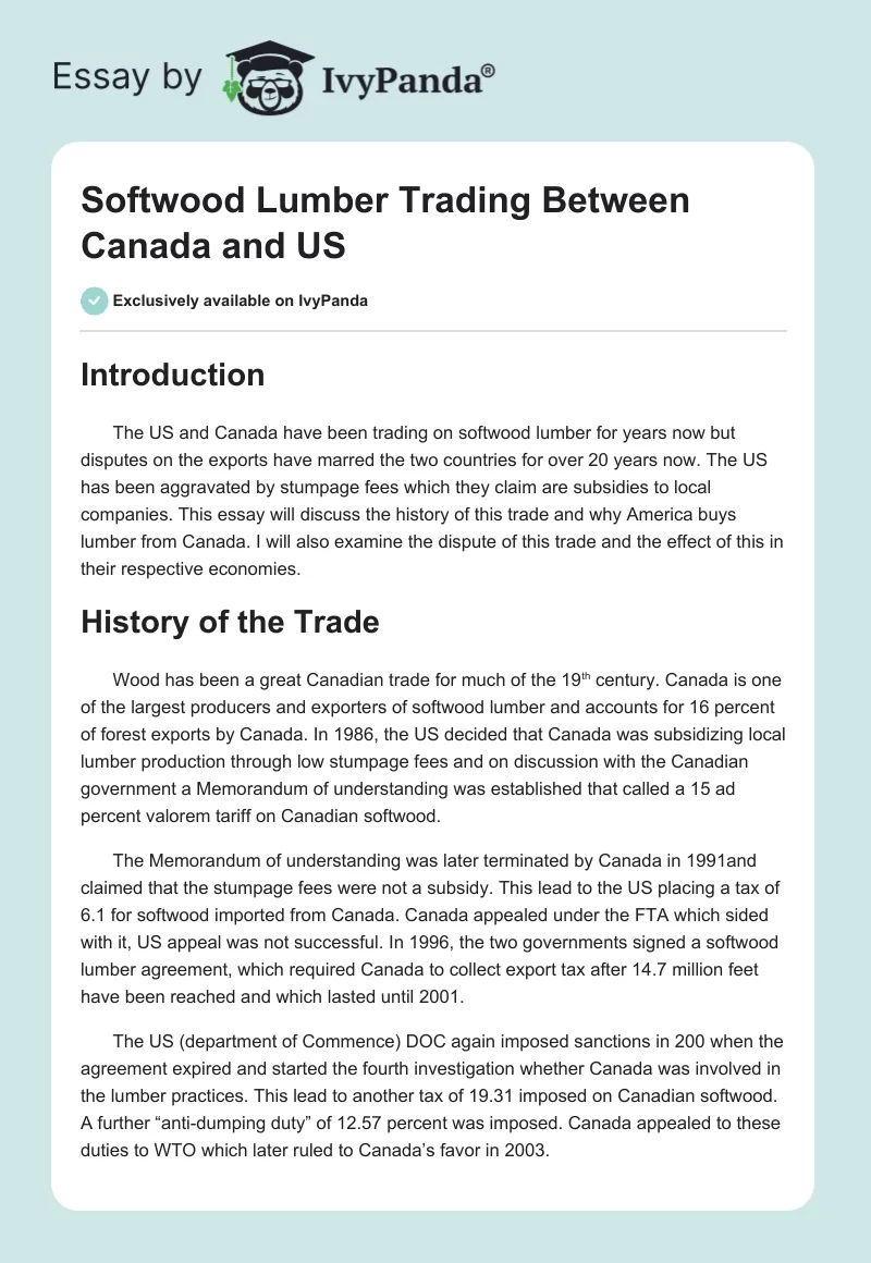 Softwood Lumber Trading Between Canada and US. Page 1