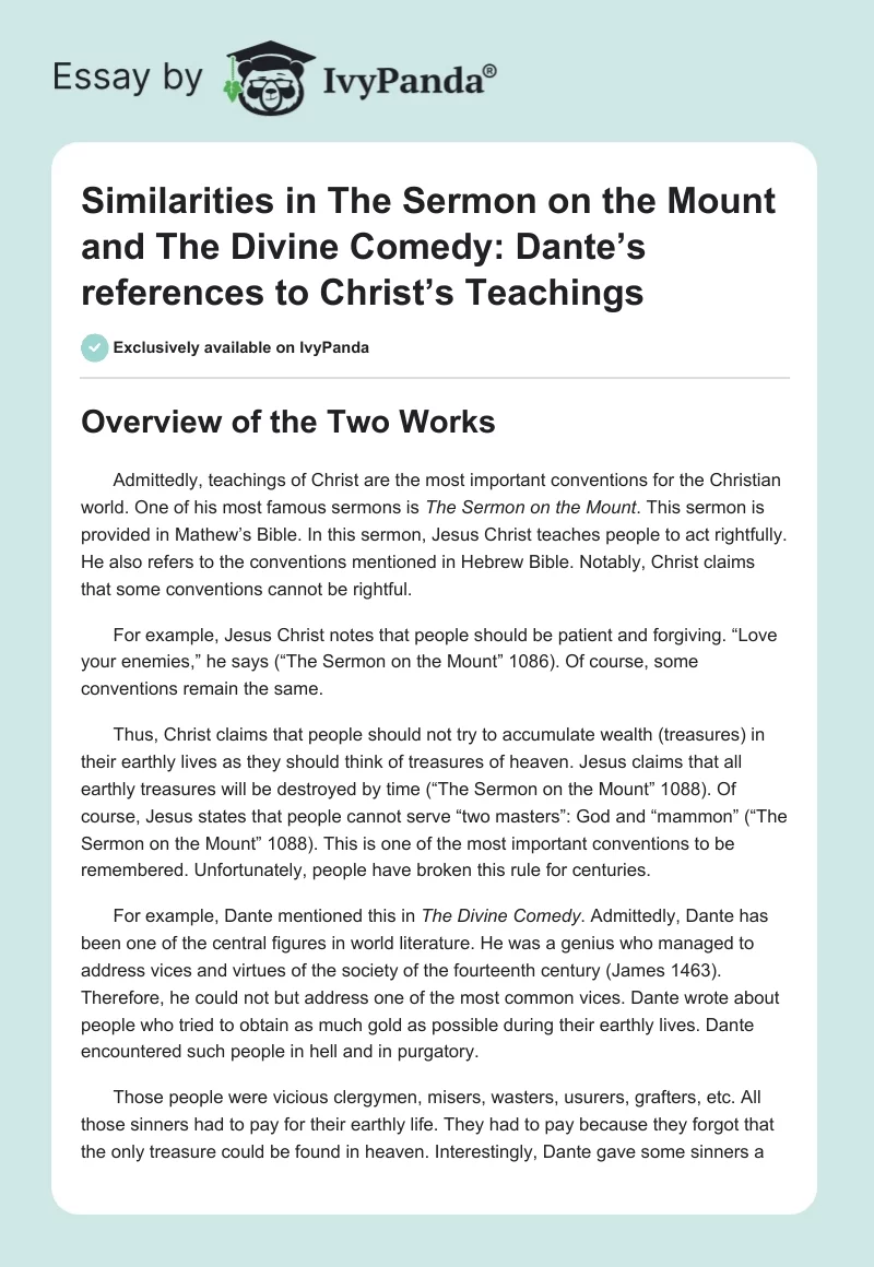 Similarities in The Sermon on the Mount and The Divine Comedy: Dante’s references to Christ’s Teachings. Page 1