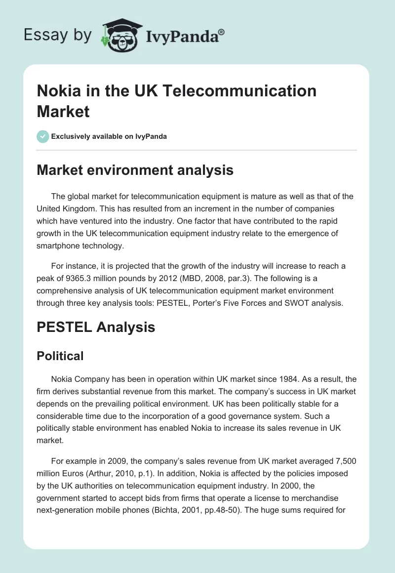 Nokia in the UK Telecommunication Market. Page 1