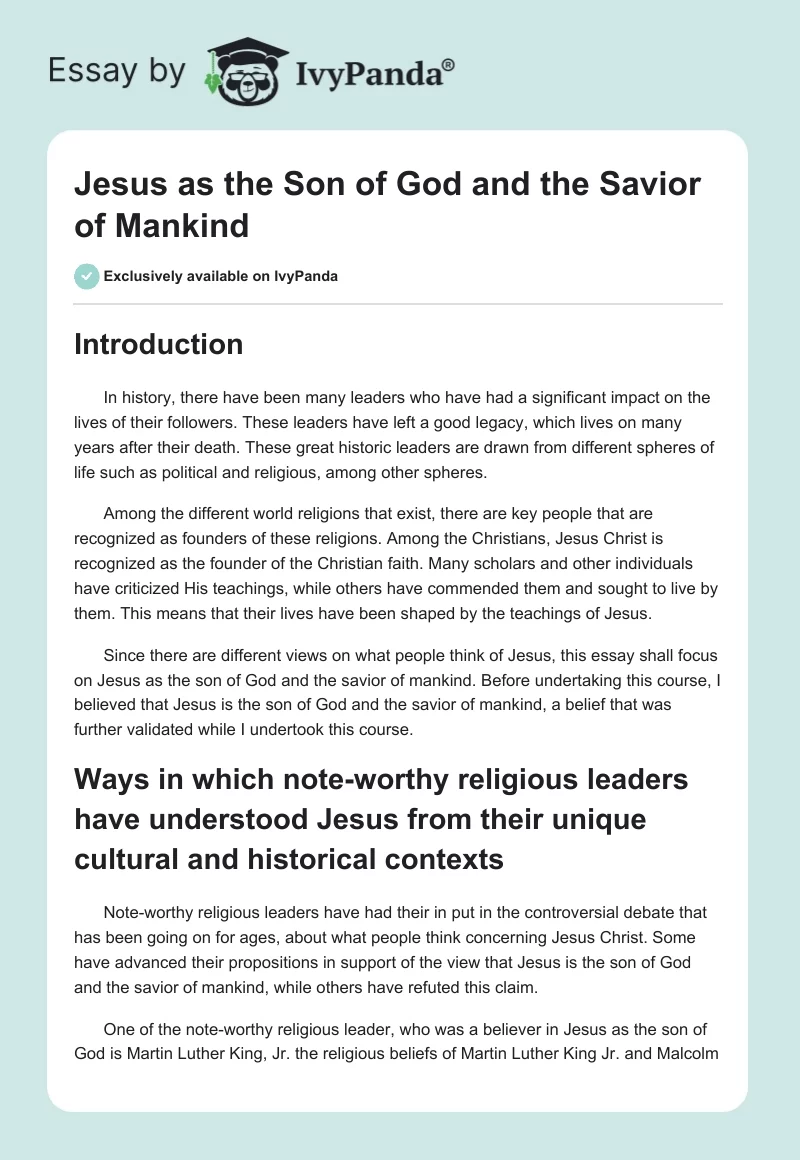 Jesus as the Son of God and the Savior of Mankind. Page 1