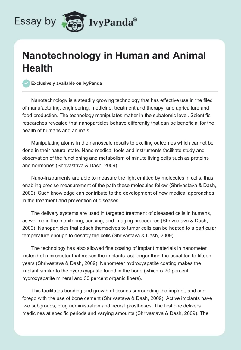 Nanotechnology in Human and Animal Health. Page 1