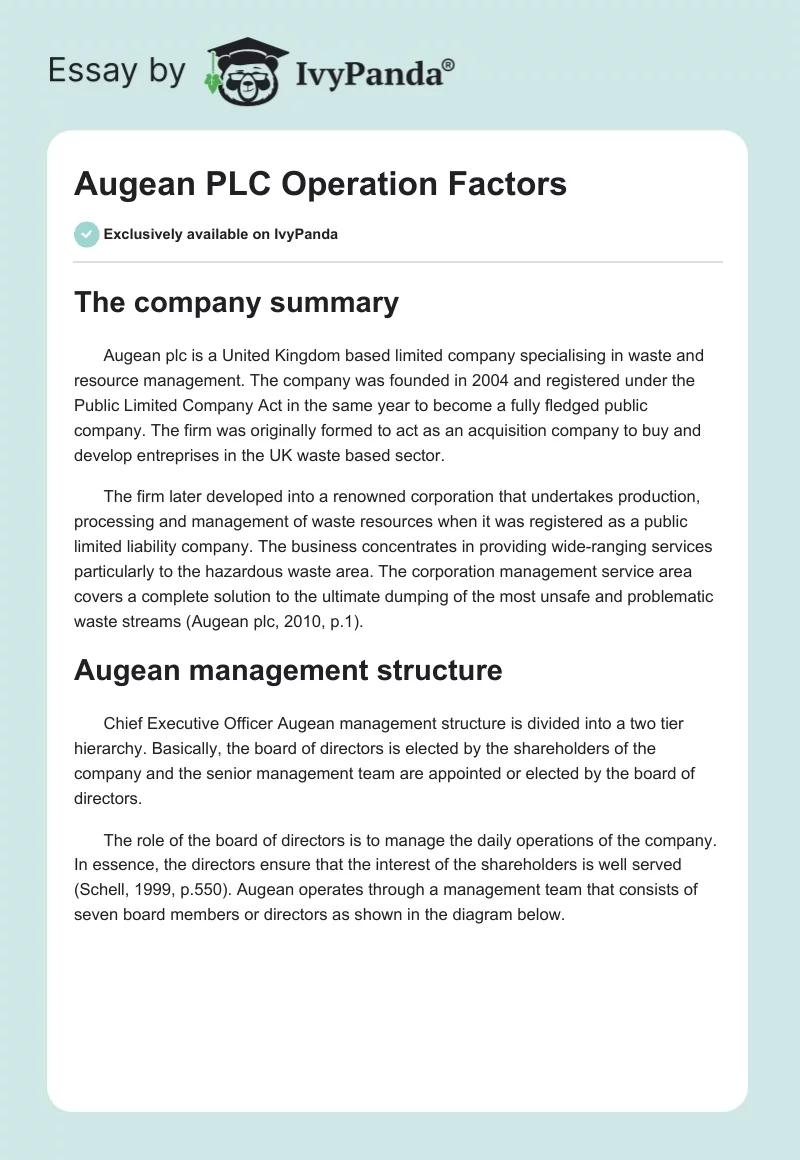 Augean PLC Operation Factors. Page 1