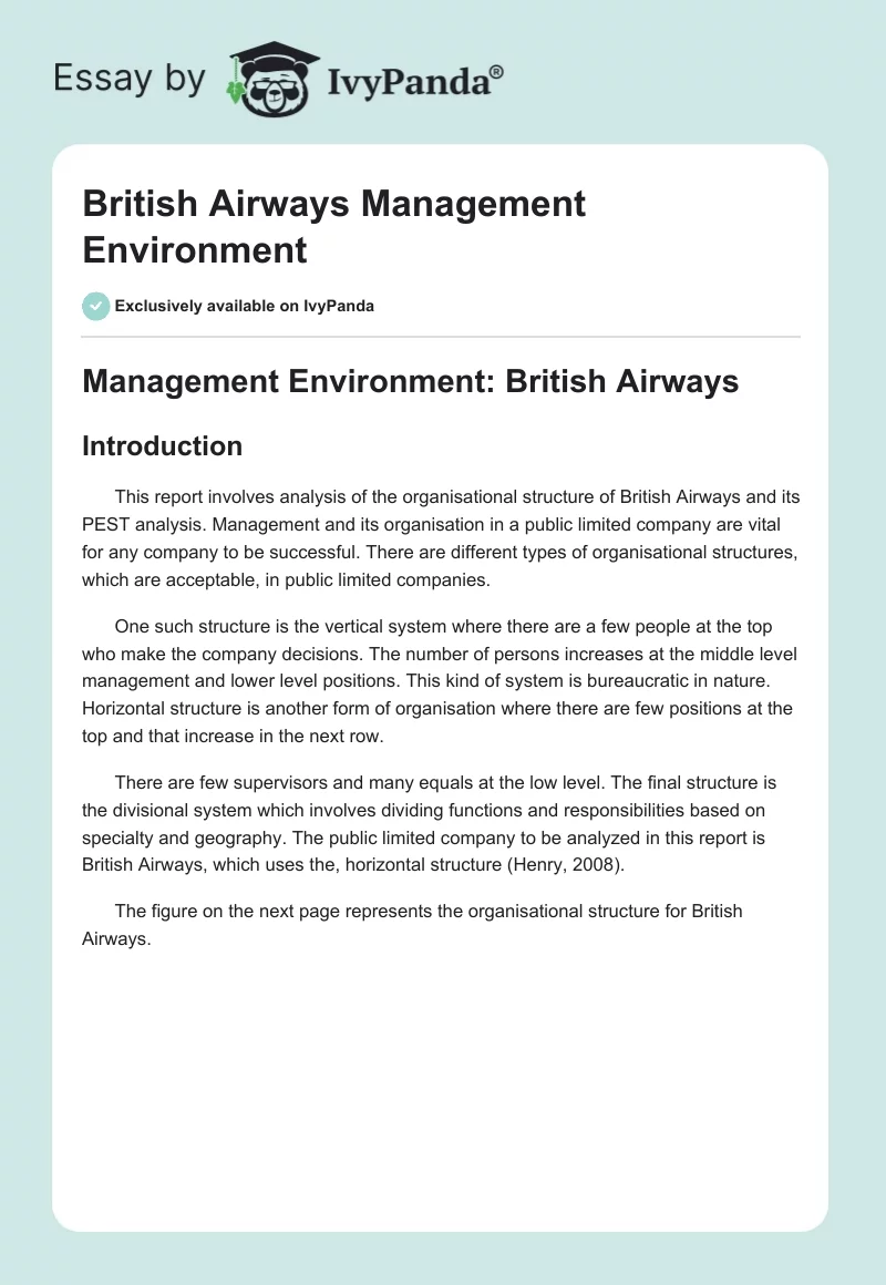 British Airways Management Environment. Page 1