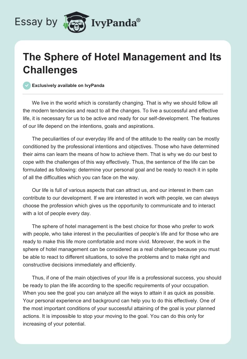 The Sphere of Hotel Management and Its Challenges. Page 1