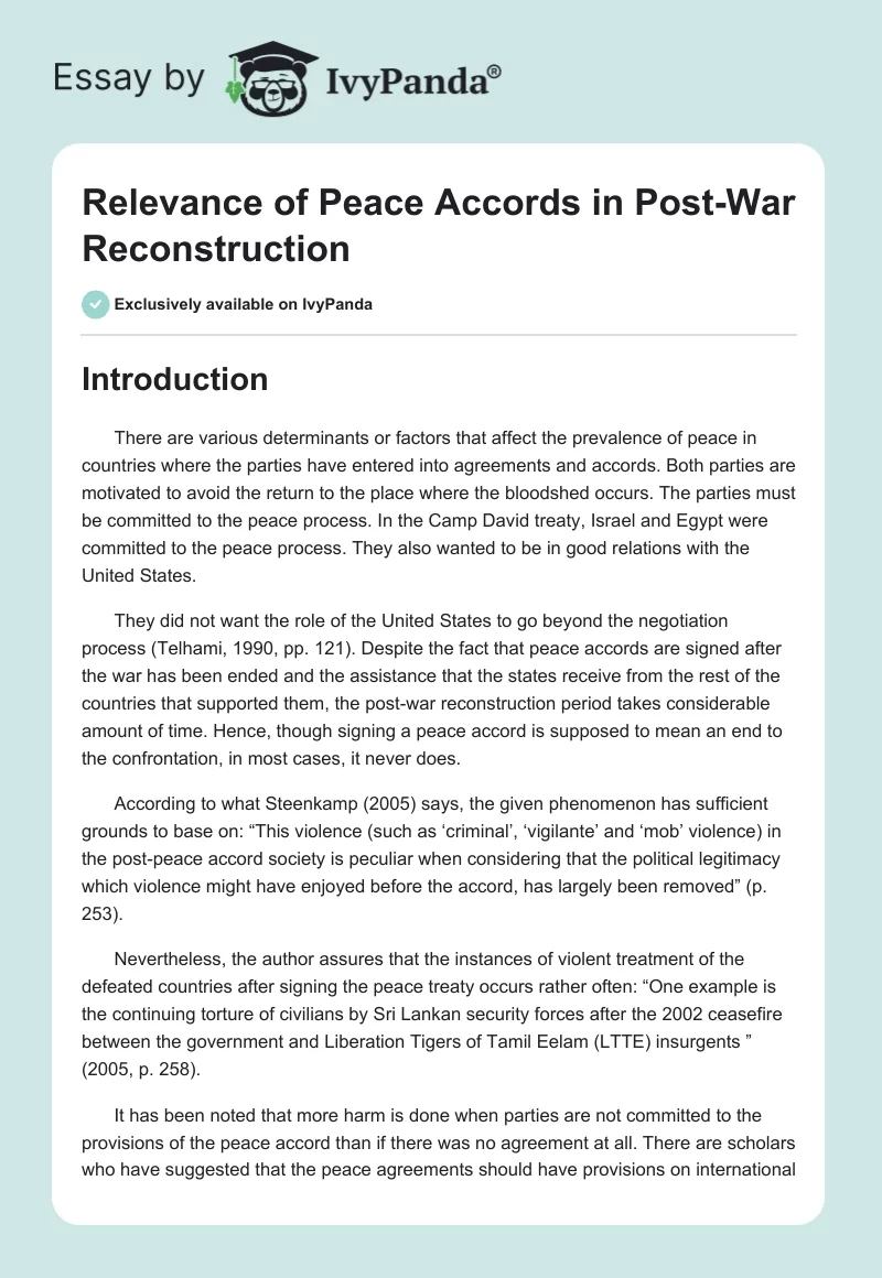 Relevance of Peace Accords in Post-War Reconstruction. Page 1