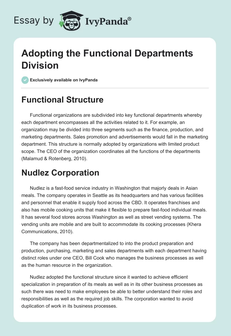Adopting the Functional Departments Division. Page 1