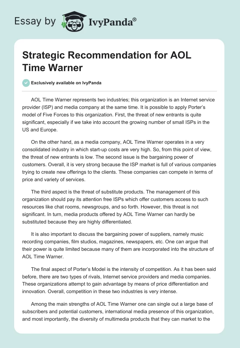 Strategic Recommendation for AOL Time Warner. Page 1