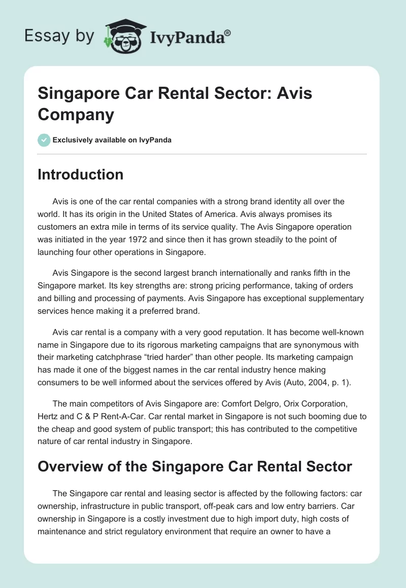 Singapore Car Rental Sector: Avis Company. Page 1