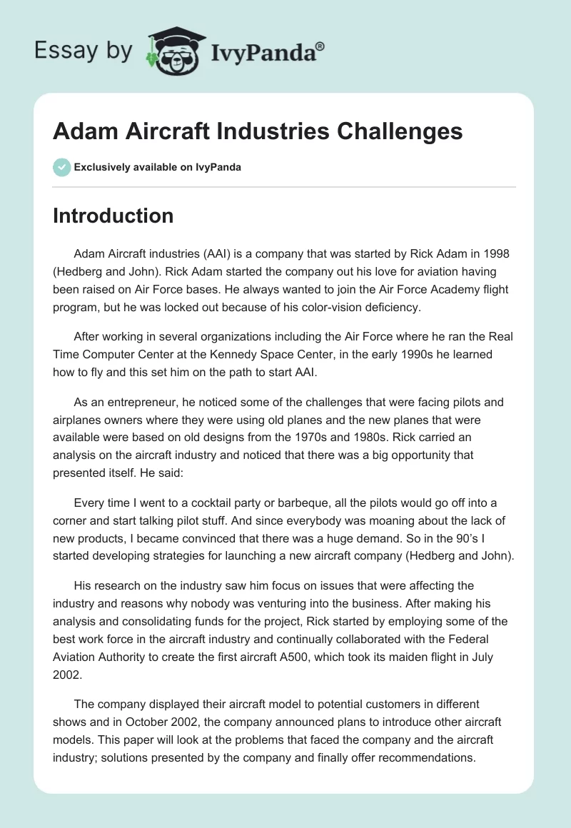Adam Aircraft Industries Challenges. Page 1