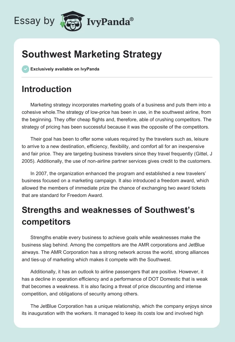Southwest Marketing Strategy. Page 1