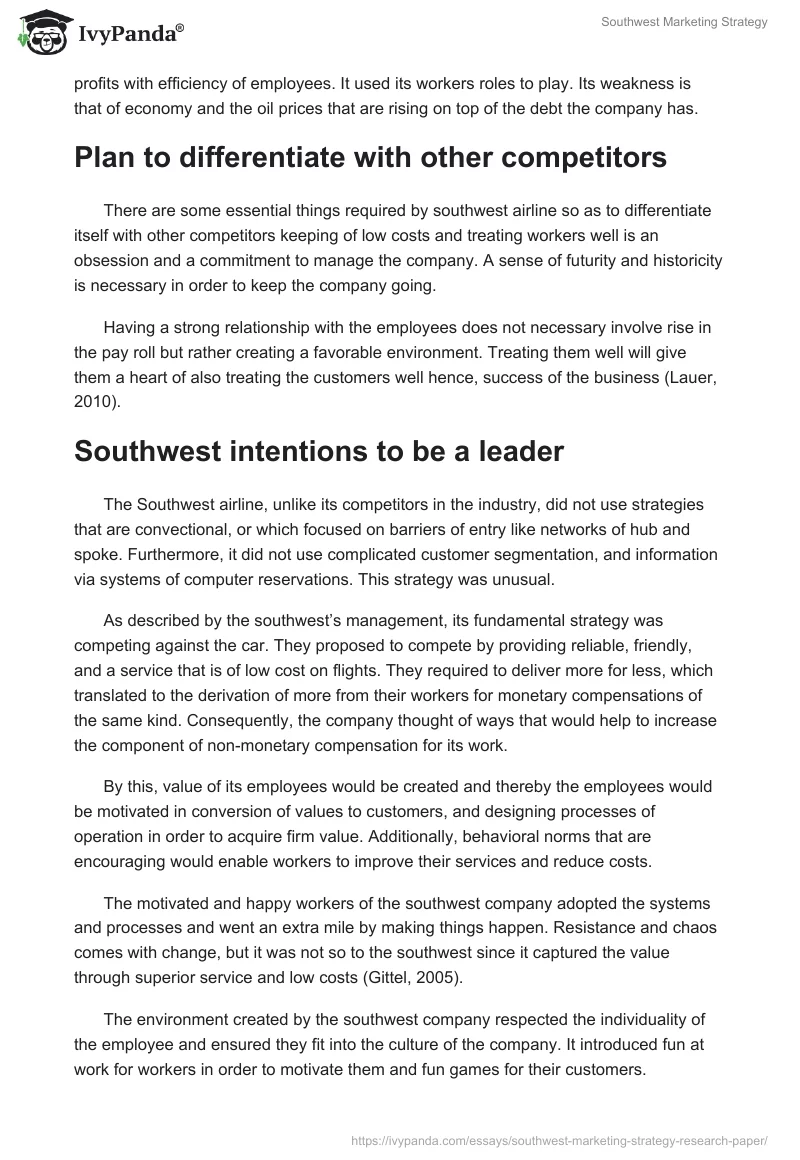 Southwest Marketing Strategy. Page 2