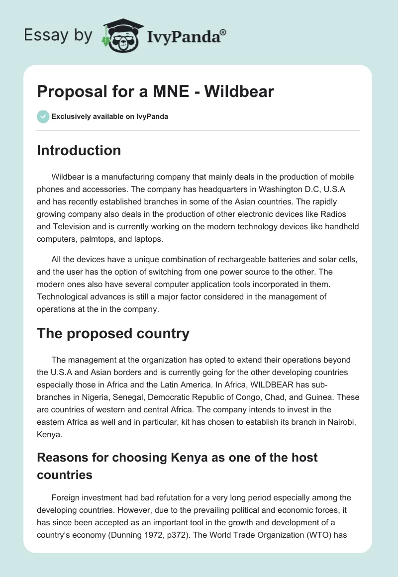 Proposal for a MNE - Wildbear. Page 1