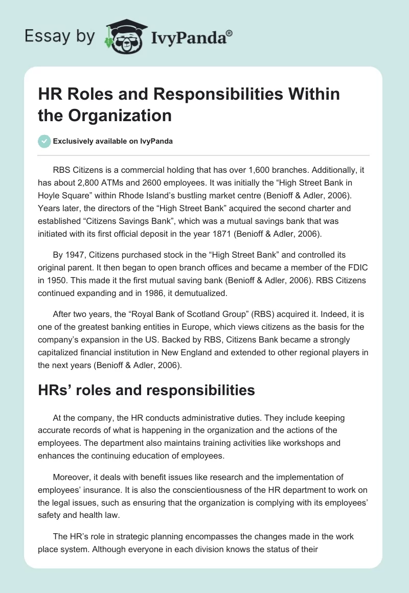 HR Roles and Responsibilities Within the Organization. Page 1
