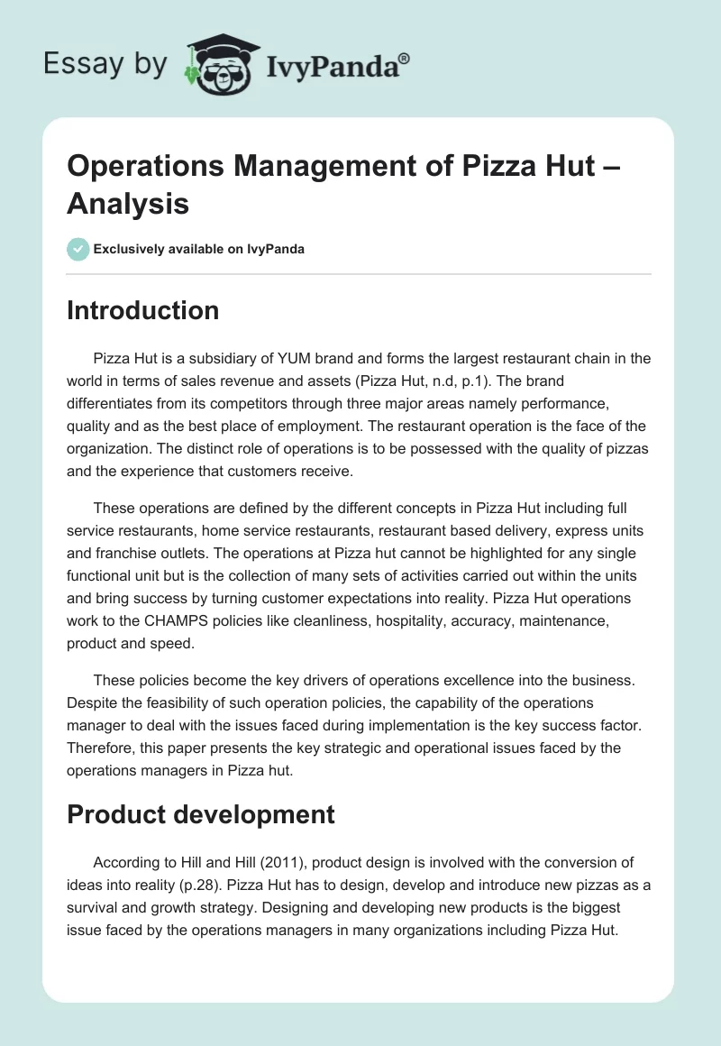 Operations Management of Pizza Hut – Analysis. Page 1