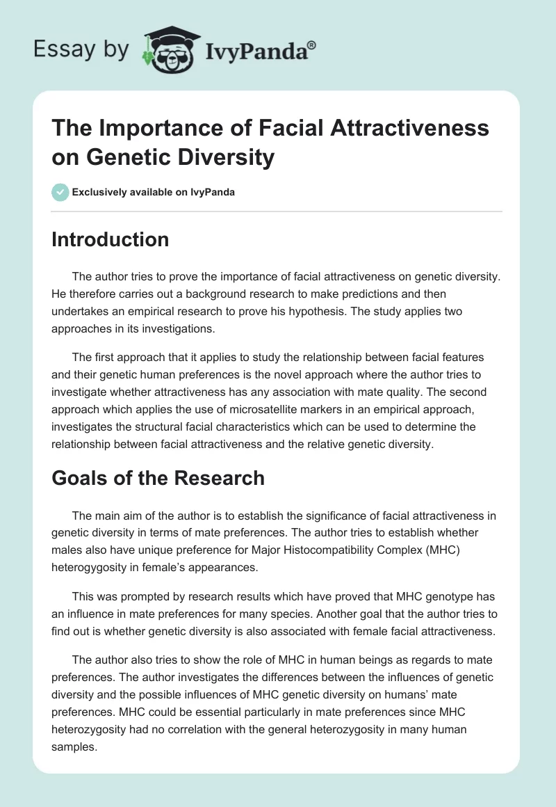 The Importance of Facial Attractiveness on Genetic Diversity. Page 1