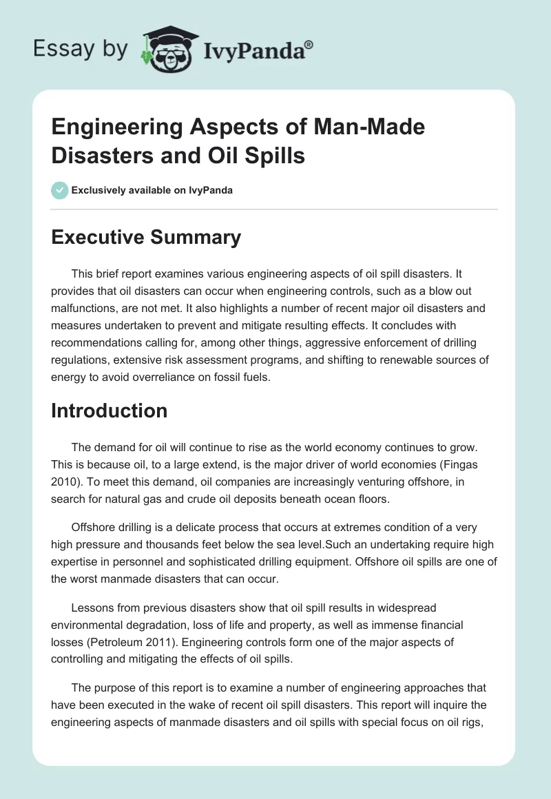 Engineering Aspects of Man-Made Disasters and Oil Spills. Page 1
