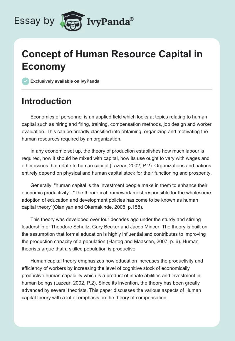 Concept of Human Resource Capital in Economy. Page 1