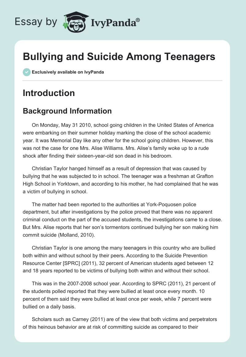Bullying and Suicide Among Teenagers. Page 1
