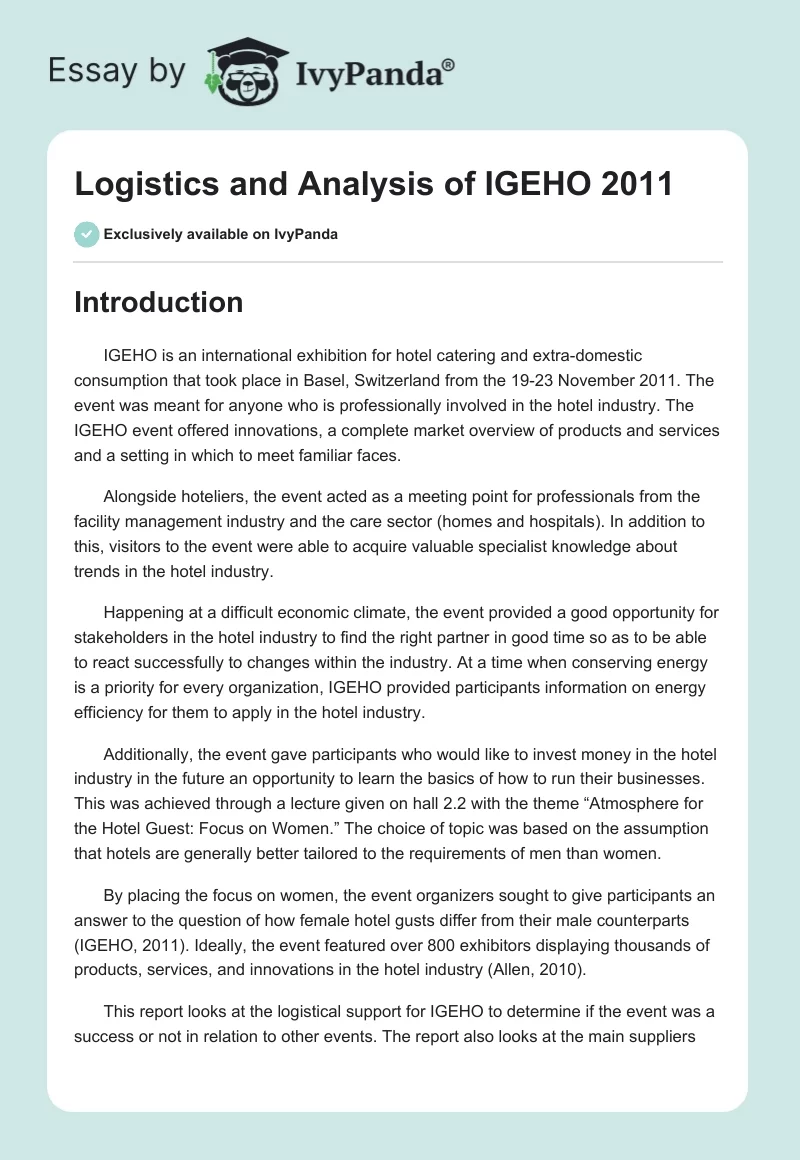 Logistics and Analysis of IGEHO 2011. Page 1