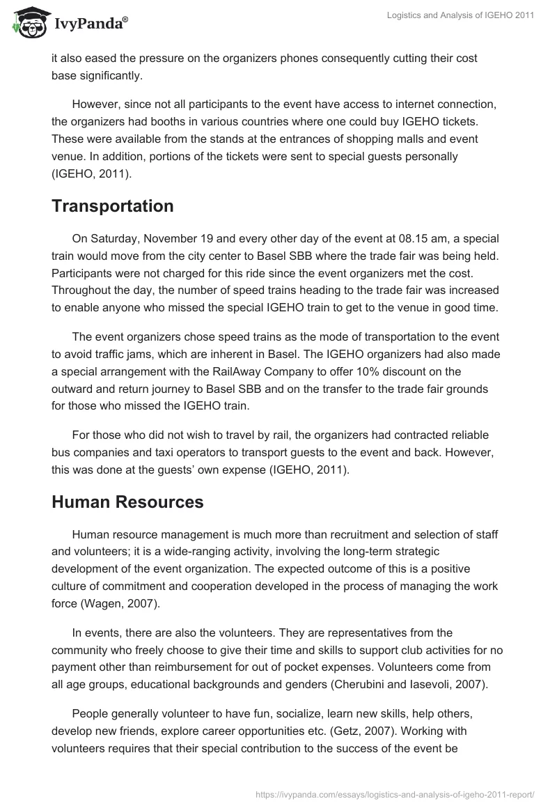 Logistics and Analysis of IGEHO 2011. Page 3