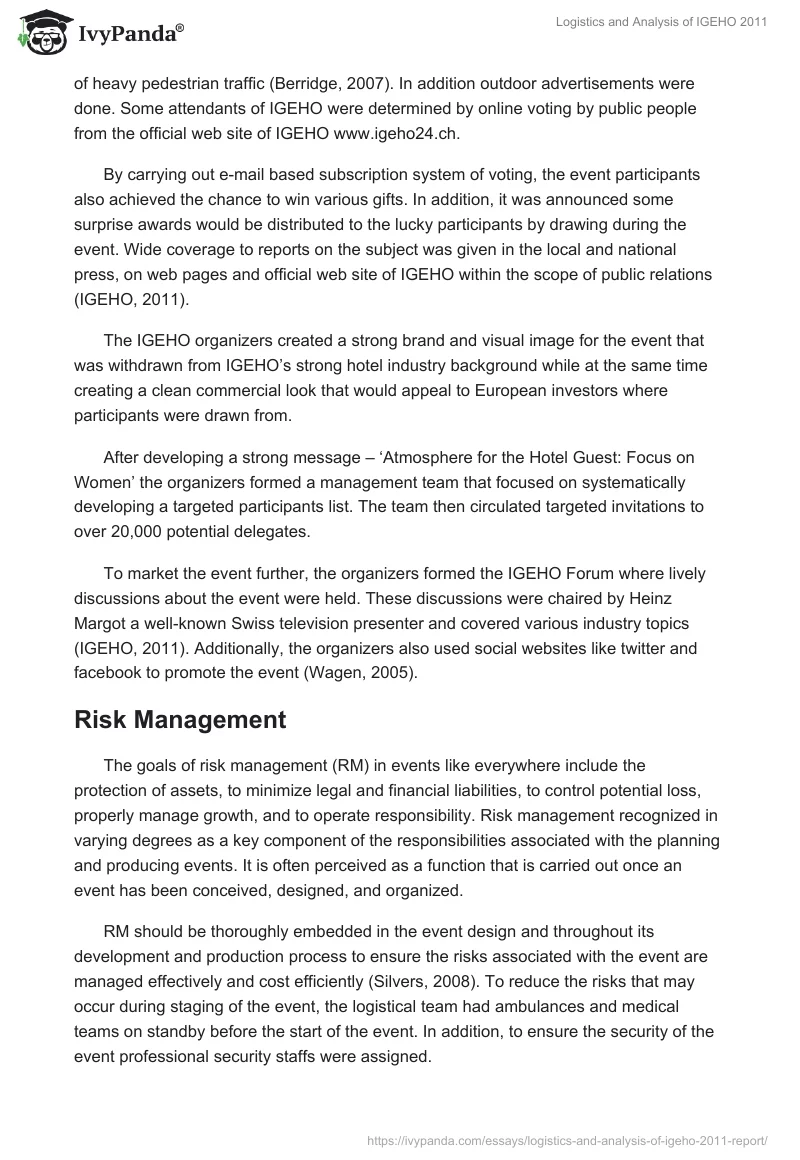 Logistics and Analysis of IGEHO 2011. Page 5
