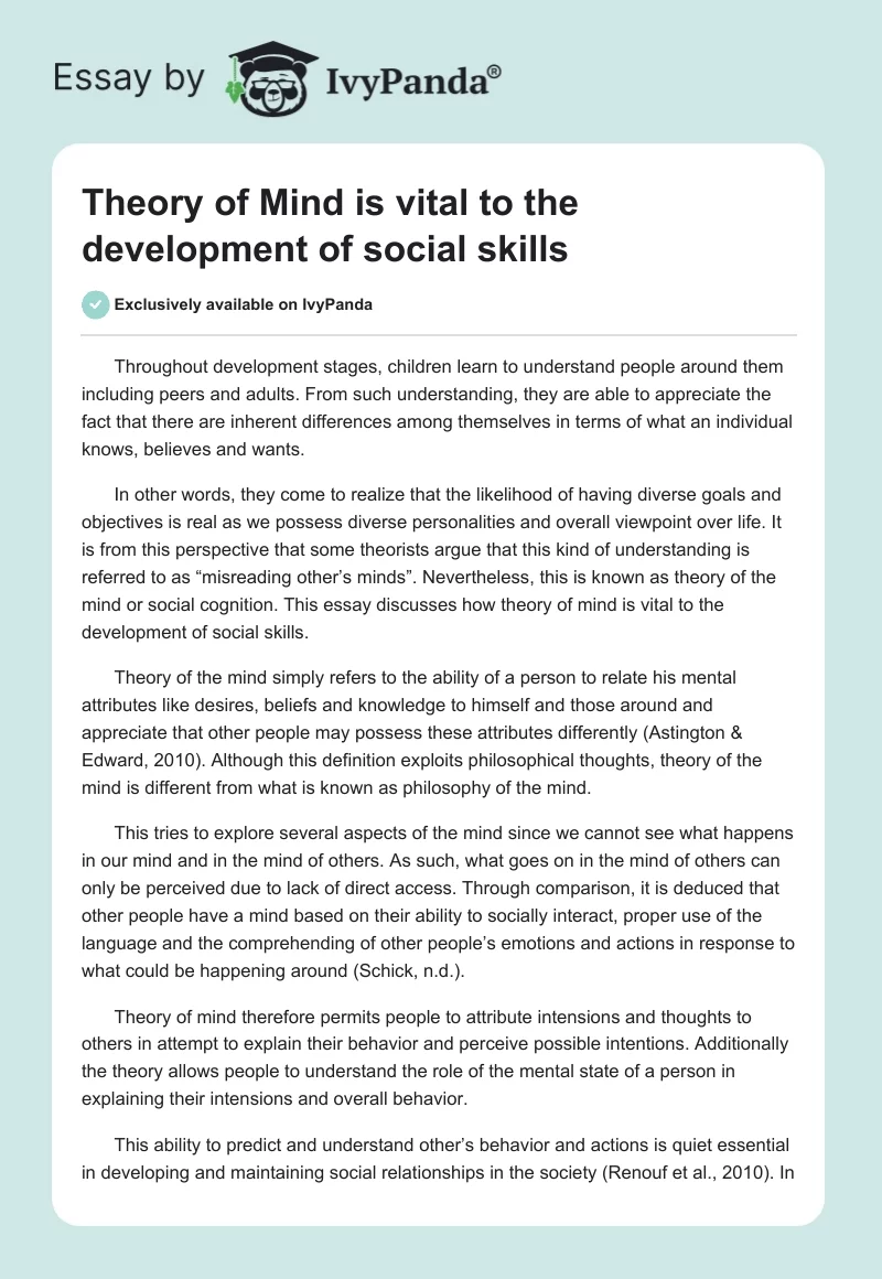 Theory of Mind Is Vital to the Development of Social Skills. Page 1