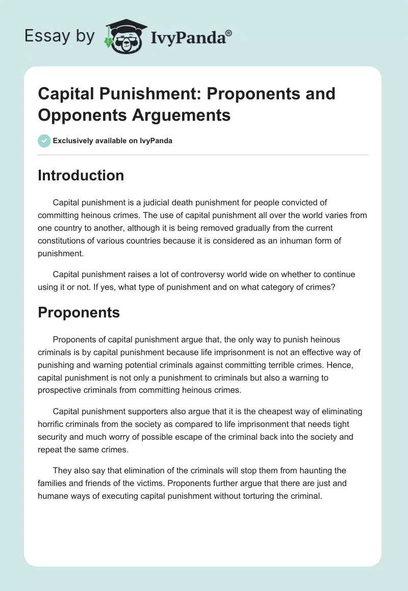 Capital Punishment: Proponents and Opponents Arguements. Page 1