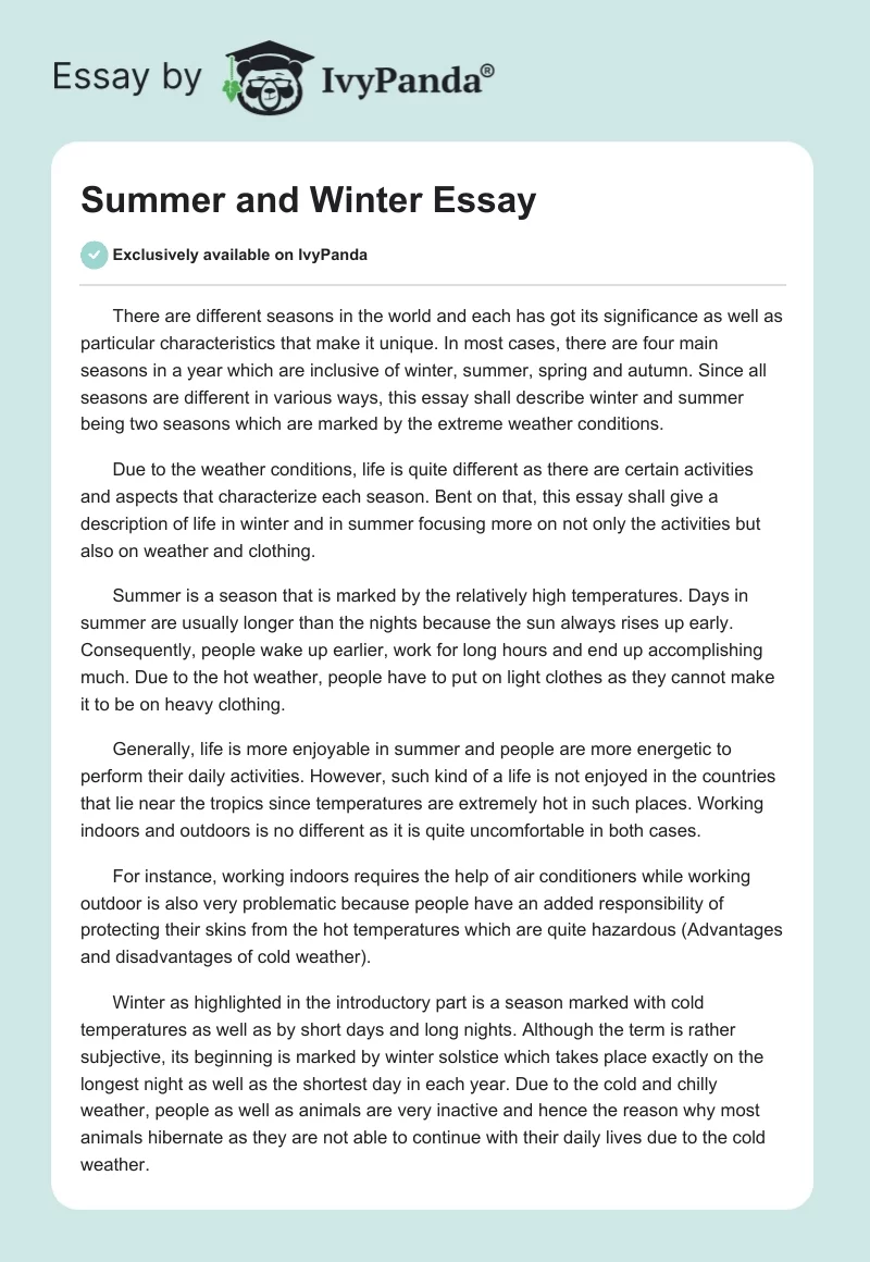 Summer and Winter Essay. Page 1