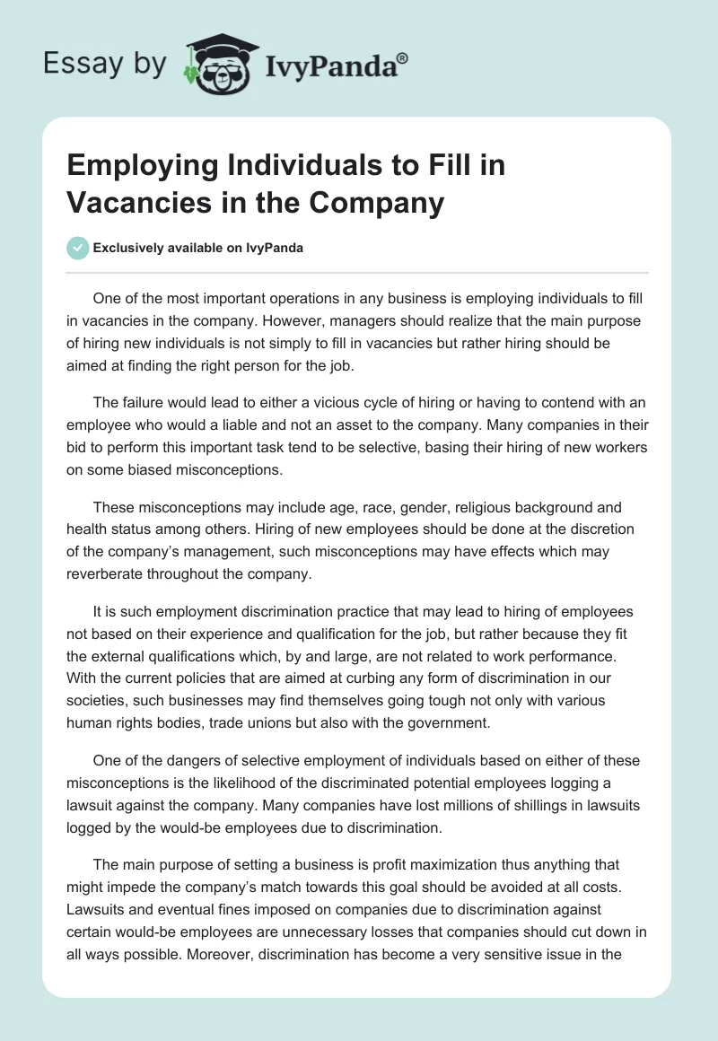 Employing Individuals to Fill in Vacancies in the Company. Page 1