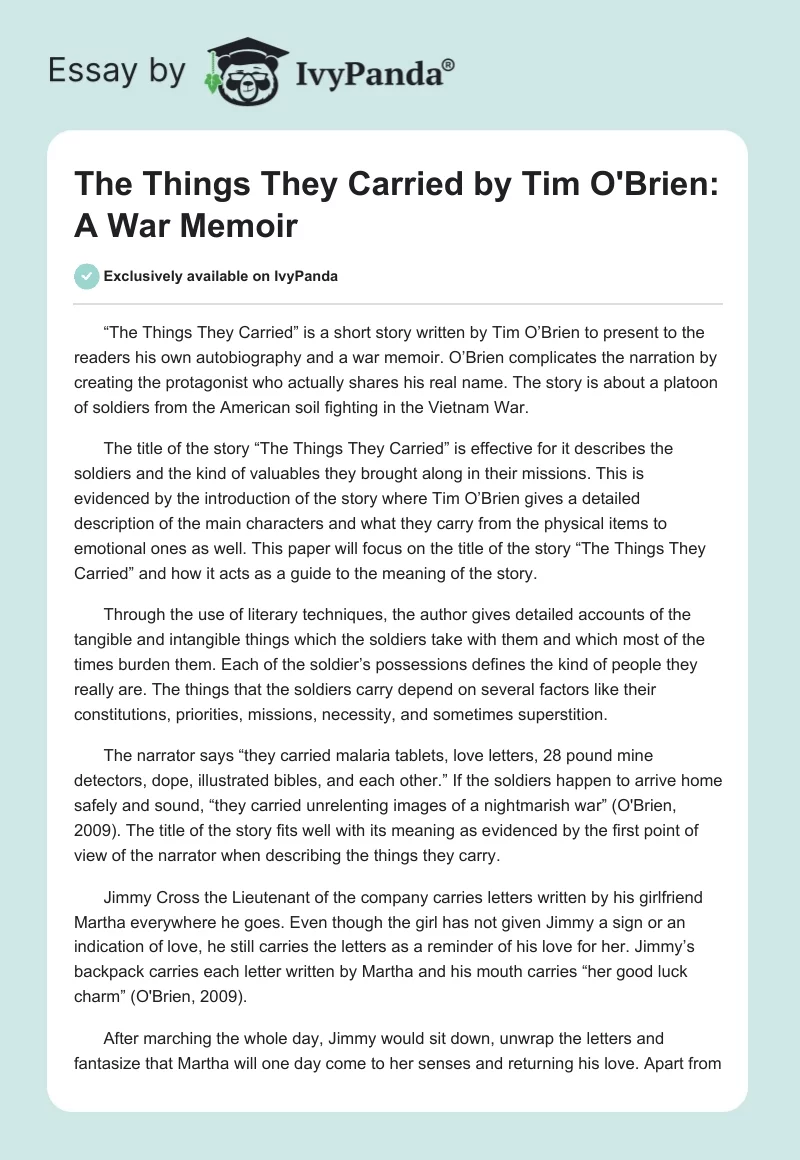 "The Things They Carried" by Tim O'Brien: A War Memoir. Page 1