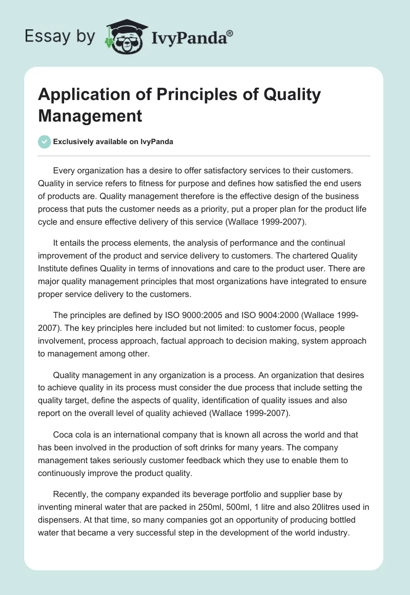 Application of Principles of Quality Management. Page 1