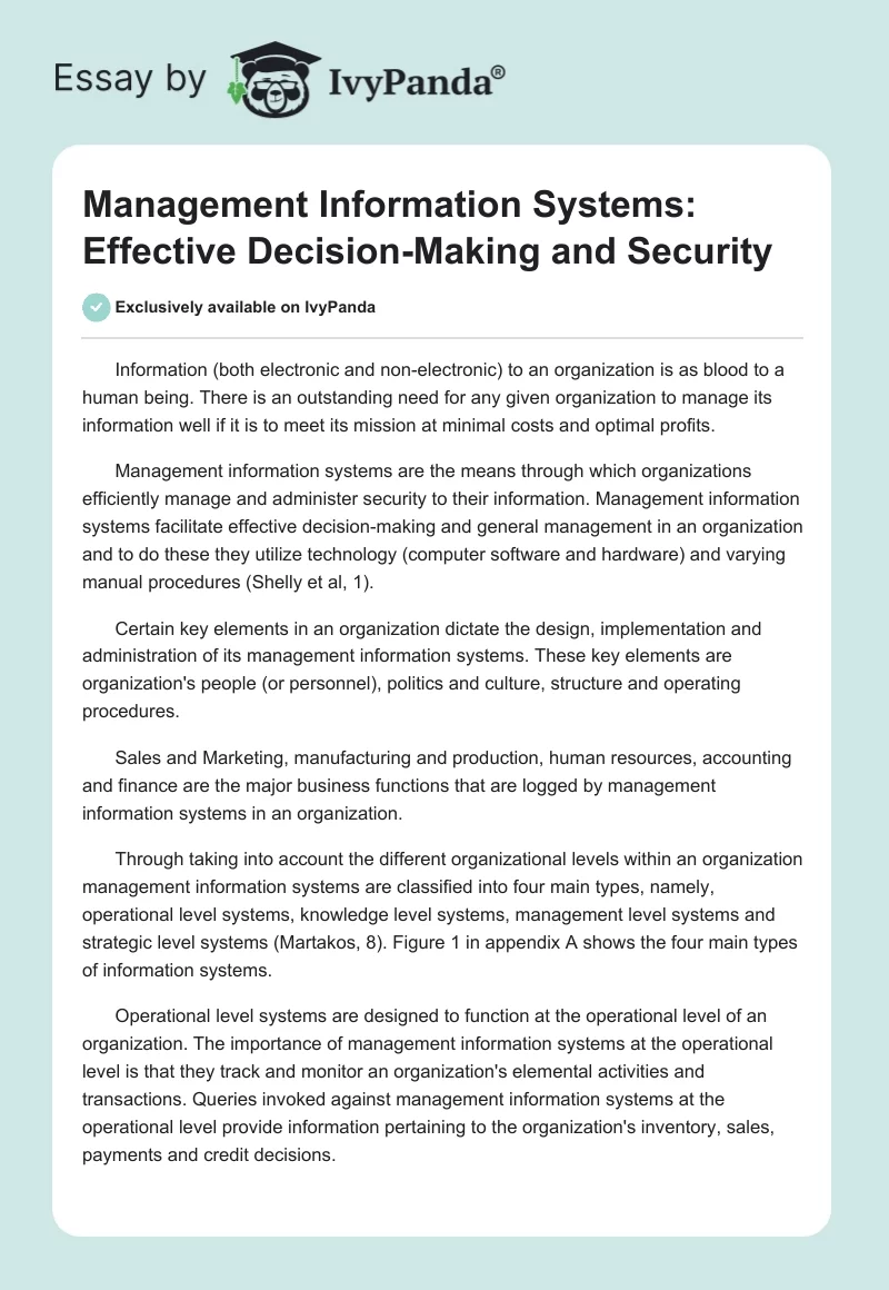 Management Information Systems: Effective Decision-Making and Security. Page 1
