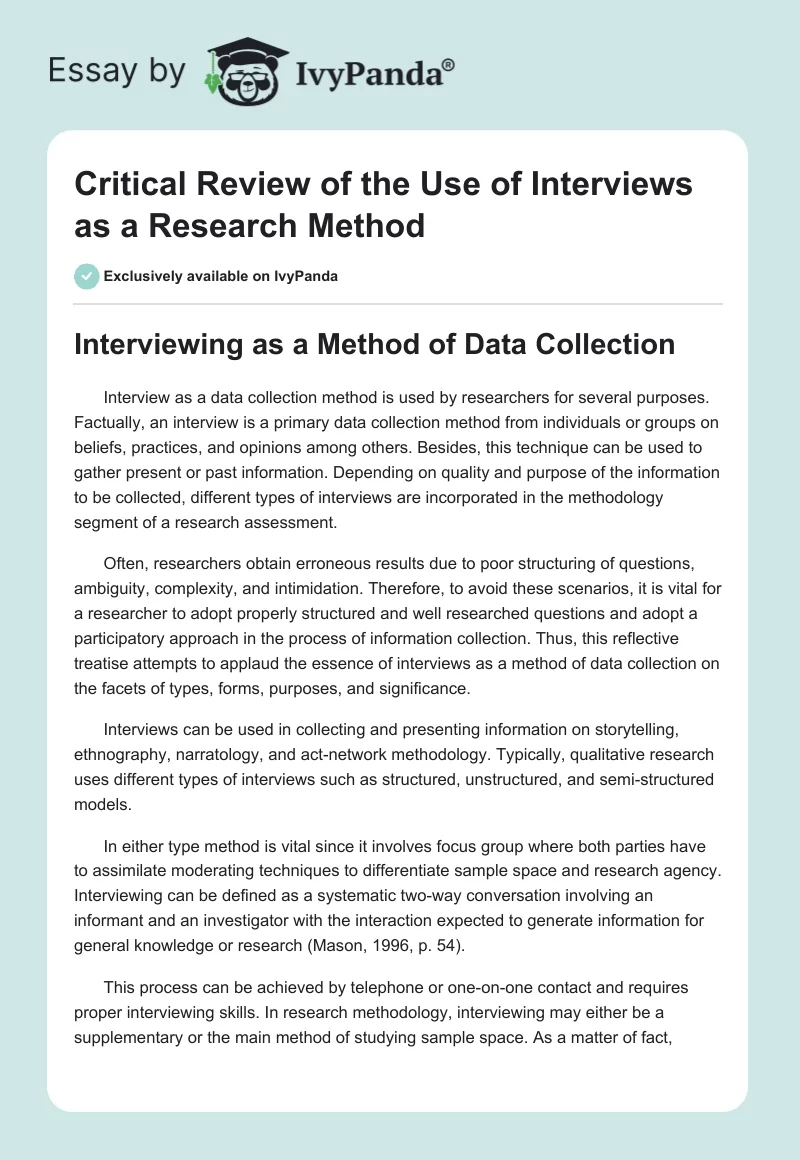 Critical Review of the Use of Interviews as a Research Method. Page 1