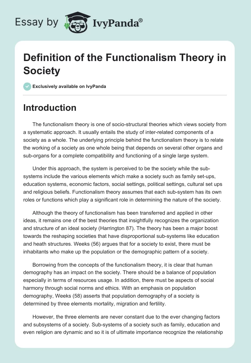 Definition of the Functionalism Theory in Society. Page 1
